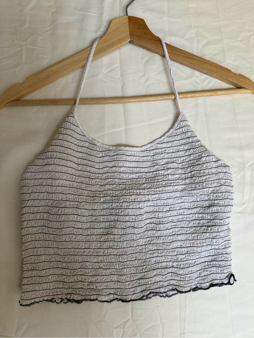 Guess White and Black Striped Smocked Halter Crop Top